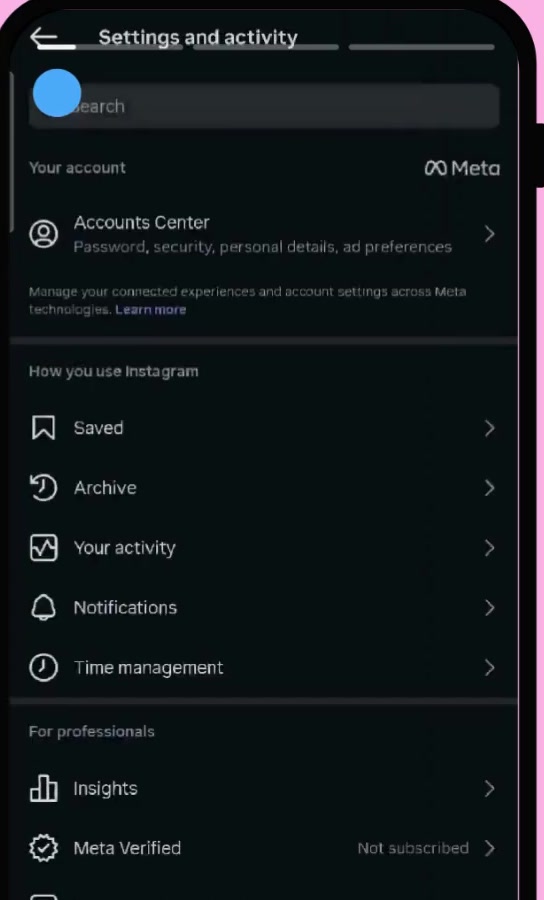 Instagram Settings and activity screen showing Accounts Center, Saved, Archive and Your activity