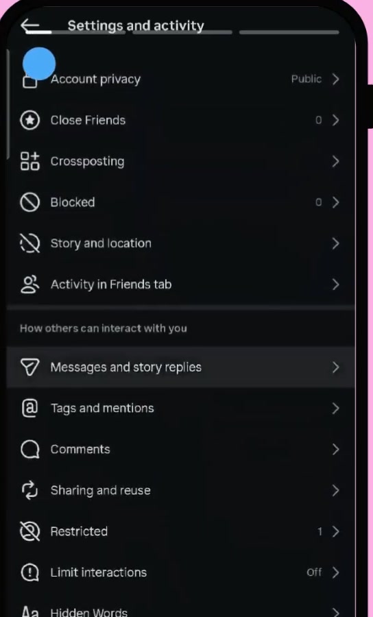 Instagram settings list with Messages and story replies highlighted under How others can interact with you