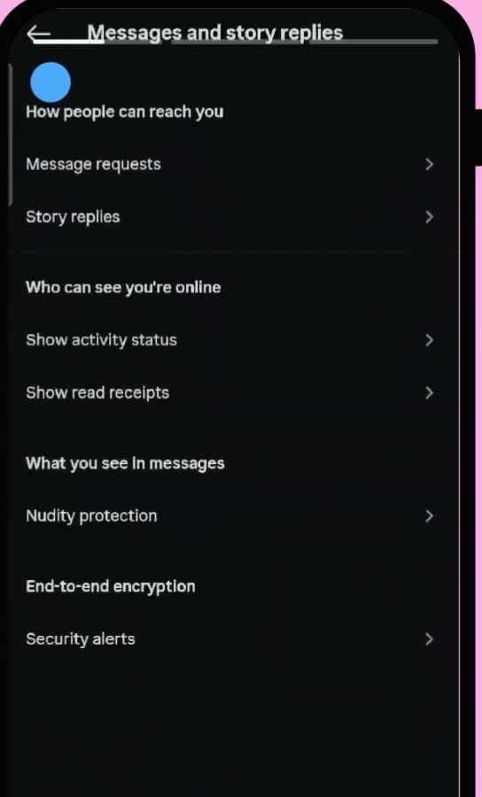 Instagram Messages and story replies screen showing Show activity status and Show read receipts