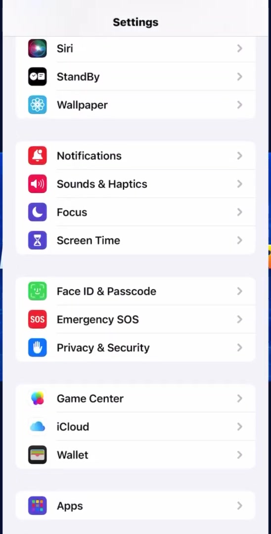 iPhone Settings list scrolled to the bottom with the Apps row visible