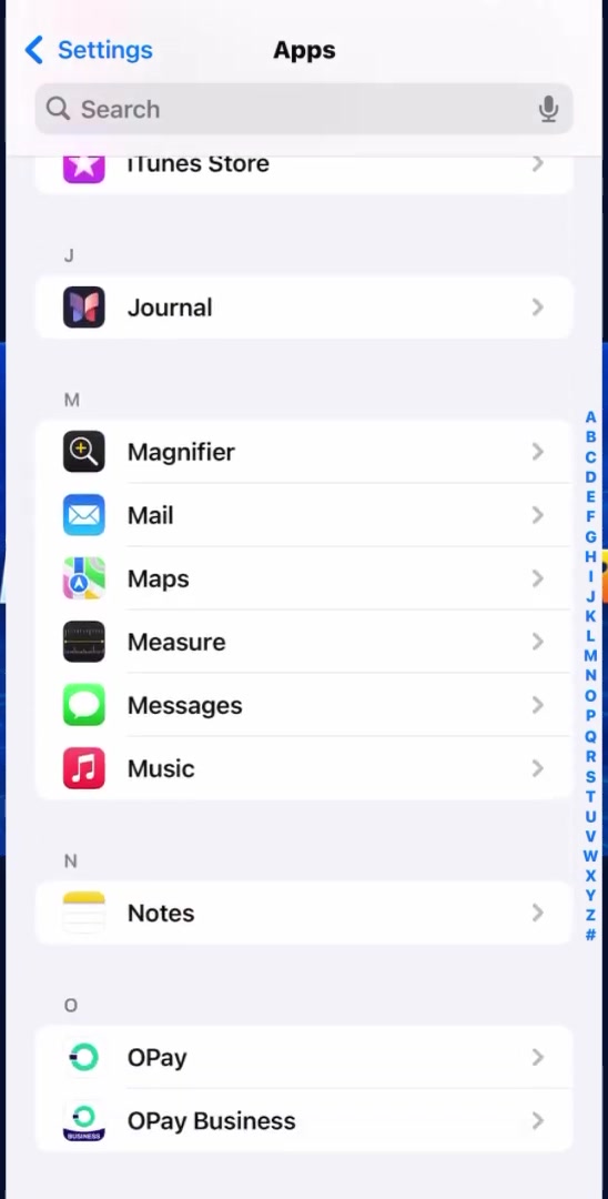 The Apps settings screen showing Messages in the alphabetical list