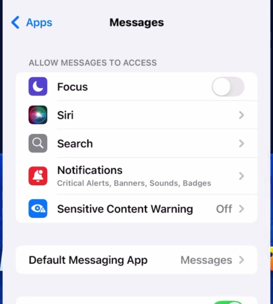 The top of the Messages settings screen on iPhone