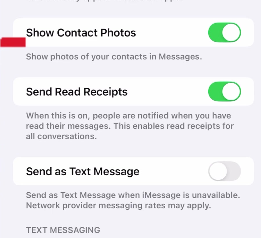 The Send Read Receipts switch turned on and coloured green