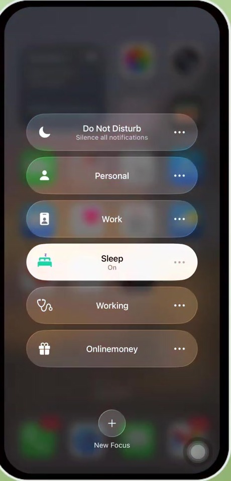 iPhone Control Center Focus list with the Sleep Focus highlighted and labelled On