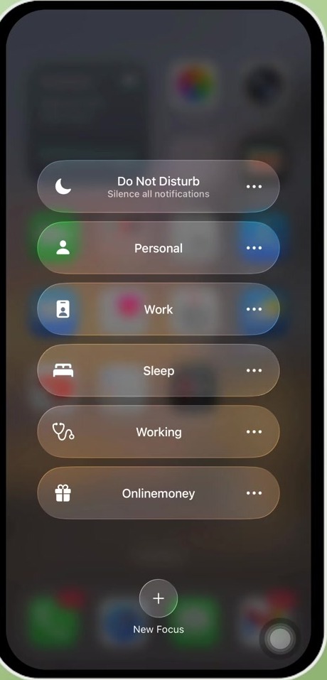 The same iPhone Control Center Focus list with Sleep no longer highlighted