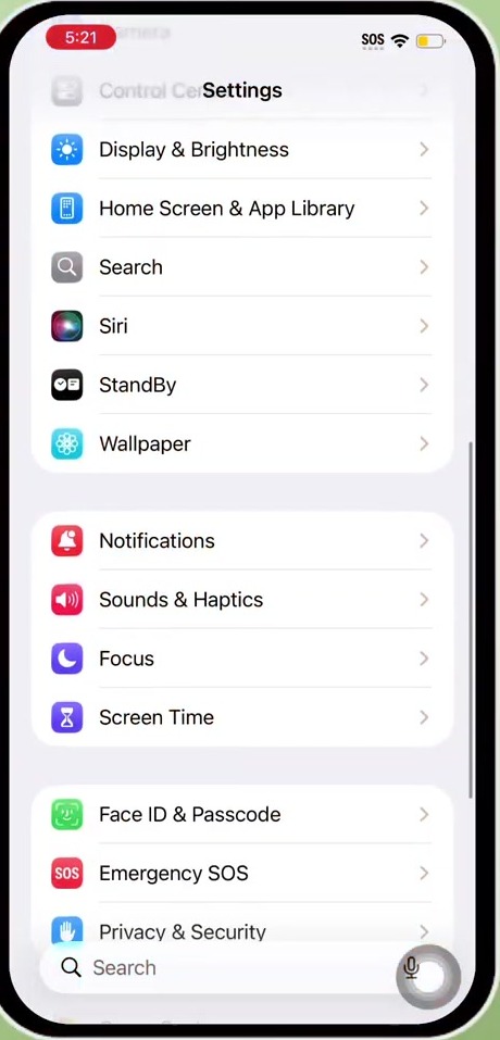 iPhone Settings app list showing the Focus row below Sounds and Haptics