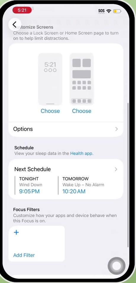 iPhone Sleep Focus settings screen showing the Schedule section and Next Schedule times
