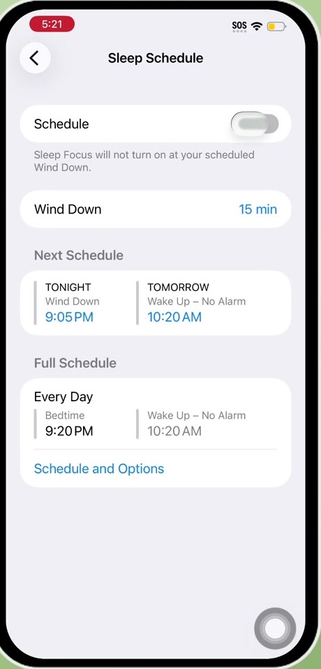 iPhone Sleep Schedule screen with the Schedule toggle switched off