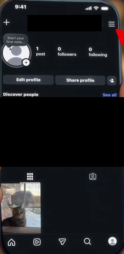 Instagram profile screen with the three-line menu icon at the top right