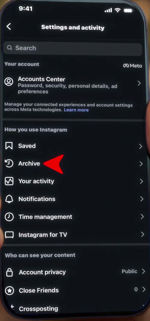 Instagram Settings and activity screen with Archive highlighted under How you use Instagram