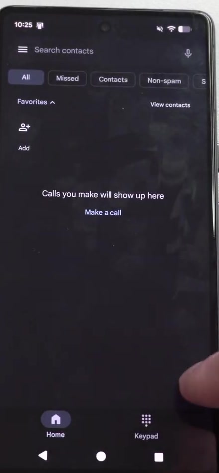 The Google Phone app open on an Android phone, showing the search bar and the All, Missed, Contacts and Non-spam filter tabs