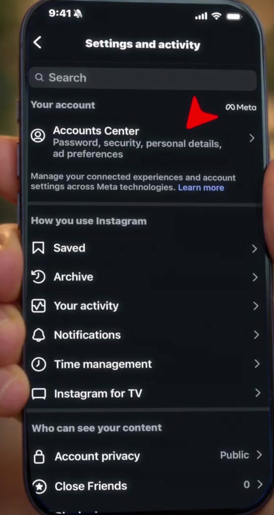 Instagram Settings and activity screen with Accounts Center at the top under Your account