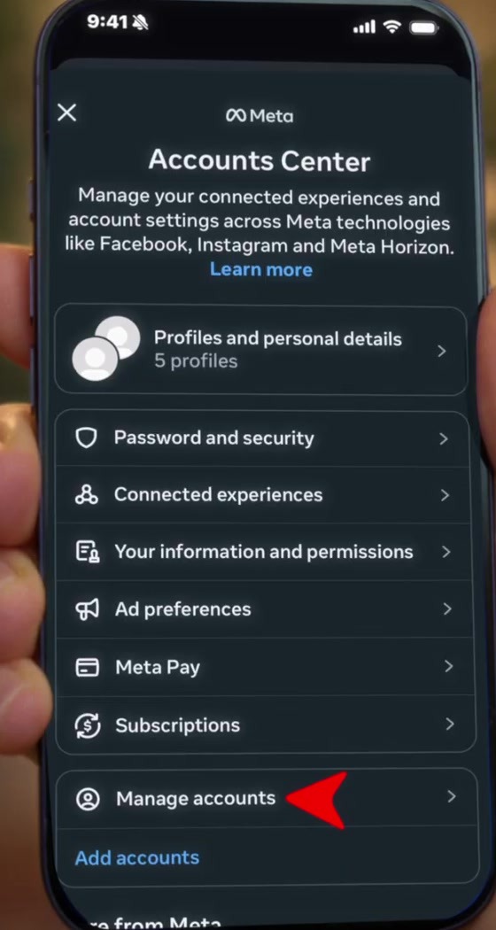 Meta Accounts Center menu with Manage accounts highlighted near the bottom