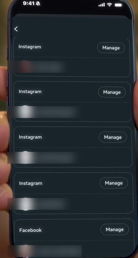 List of linked Instagram and Facebook accounts in Accounts Center, each with a Manage button
