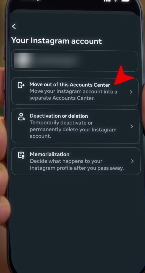 Account options screen showing Move out of this Accounts Center above Deactivation or deletion