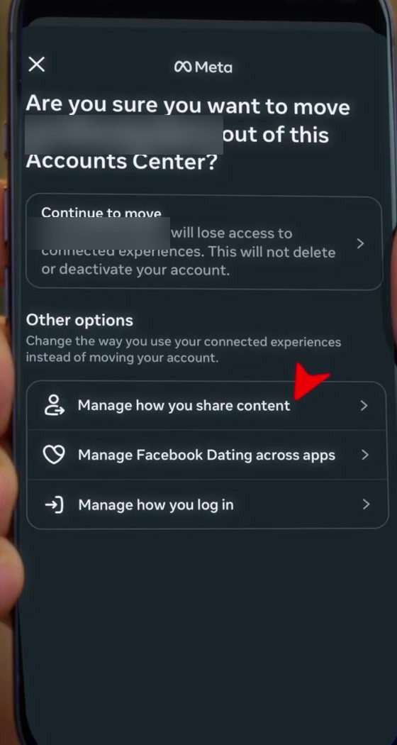 Confirmation screen asking if you are sure you want to move the account out of this Accounts Center