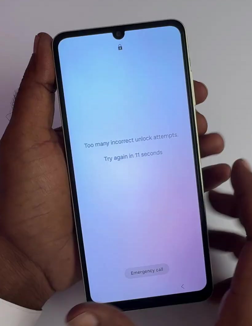 Android lock screen showing a lockout message after repeated wrong unlock attempts