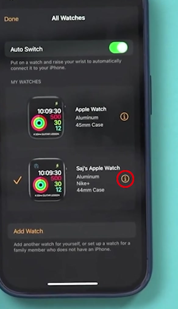 The All Watches screen in the iPhone Apple Watch app, listing two paired watches each with an info button