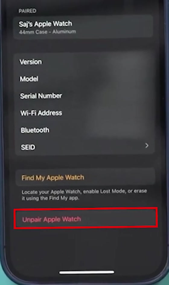 Apple Watch info screen with the Find My Apple Watch section above a red Unpair Apple Watch button