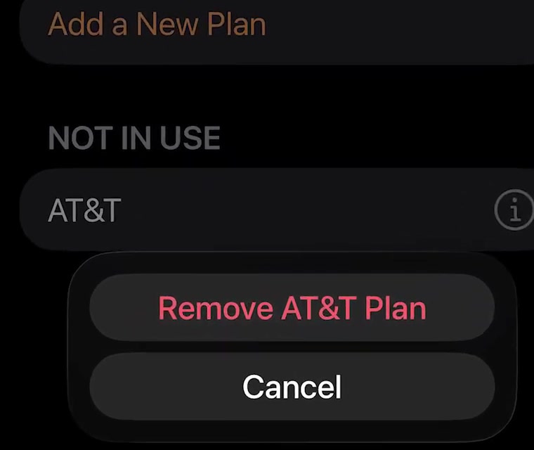 Cellular plan screen showing a carrier listed under Not In Use, with a red Remove Plan button and a Cancel button