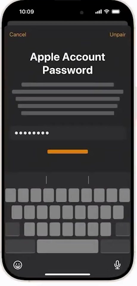 iPhone Apple Account Password prompt with a partly typed password and an Unpair button in the top right