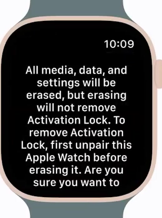 Apple Watch screen warning that erasing will not remove Activation Lock and that you should unpair the watch first
