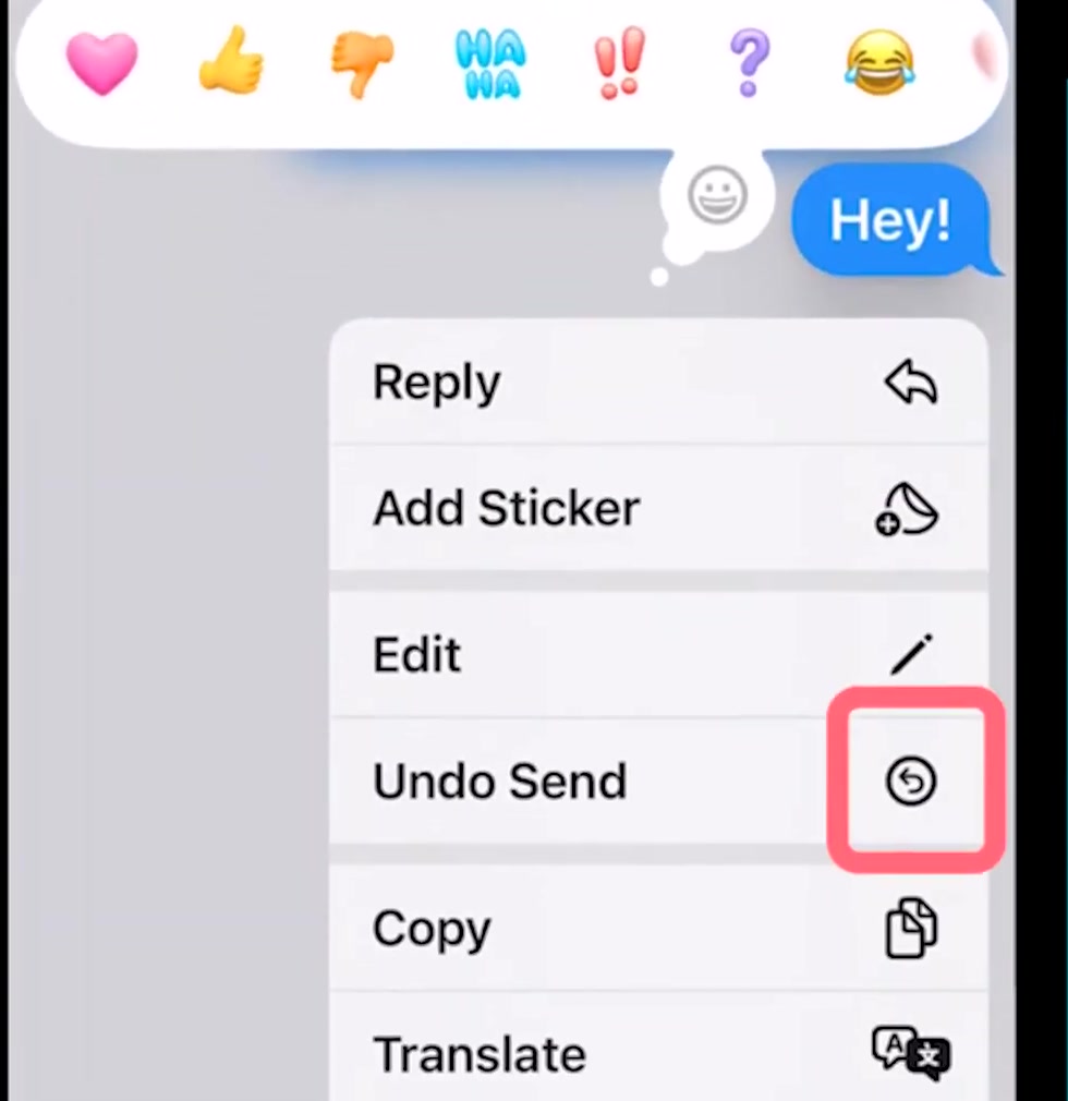 The iPhone Messages long-press menu showing Reply, Add Sticker, Edit, Undo Send, Copy and Translate