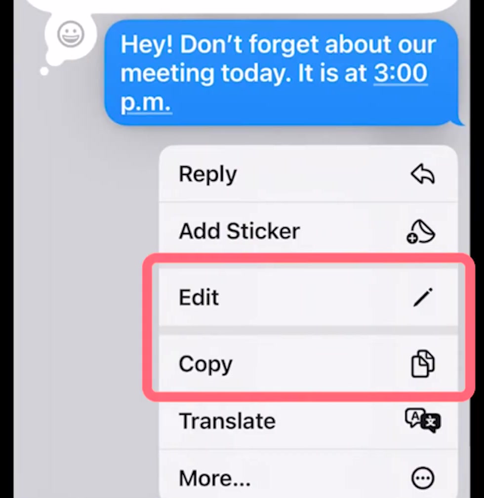 The iPhone Messages hold menu with the Edit option highlighted