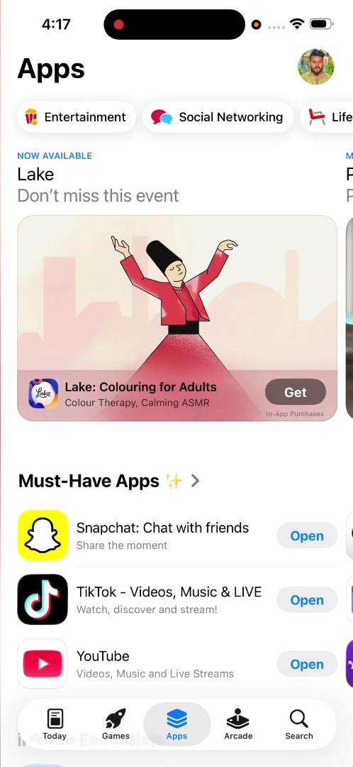 The App Store open on the Apps tab, with the account photo in the top right corner