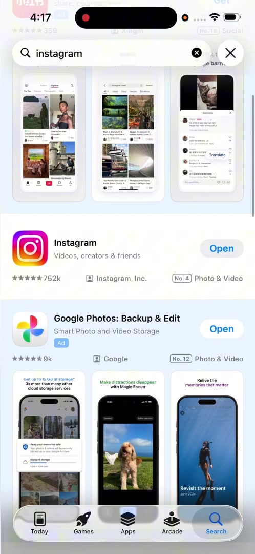 App Store search results for Instagram, showing the Instagram listing with a button beside it