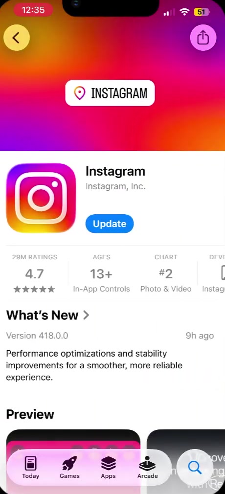 The Instagram page in the App Store with a blue Update button below the app name
