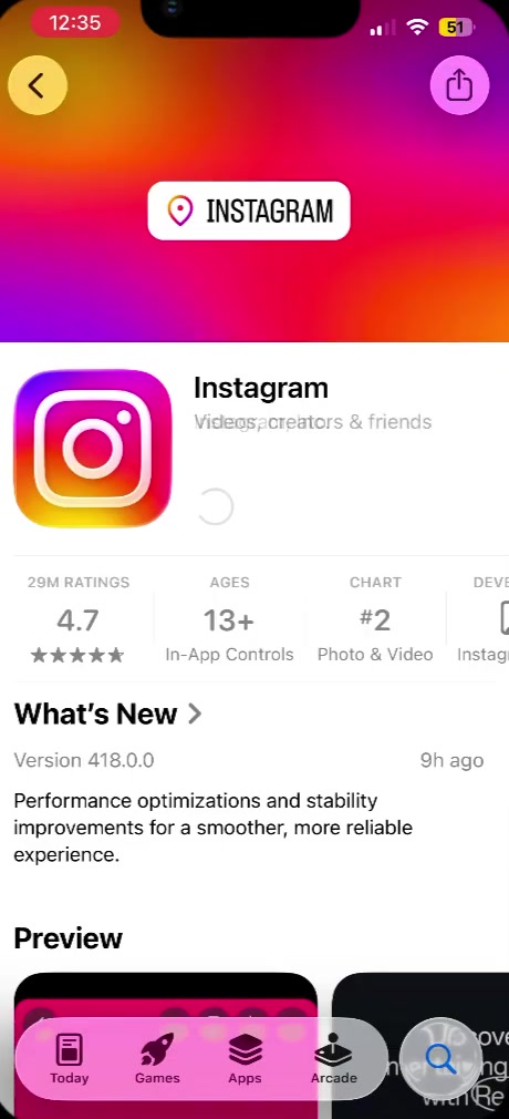 The same Instagram App Store page with the Update button replaced by a circular progress indicator