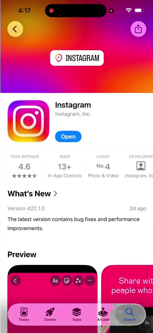 The Instagram App Store page showing an Open button and a version number under What's New