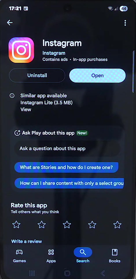The Instagram listing in the Google Play Store on a Samsung phone in dark mode, showing Uninstall and Open buttons