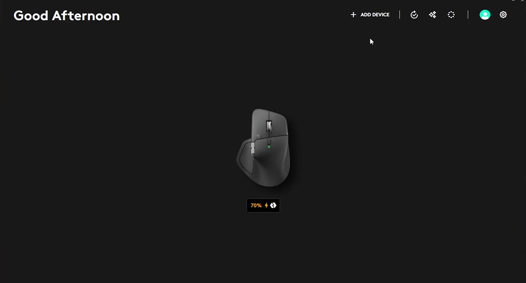 The Logi Options plus home screen with the ADD DEVICE button at the top right of the window