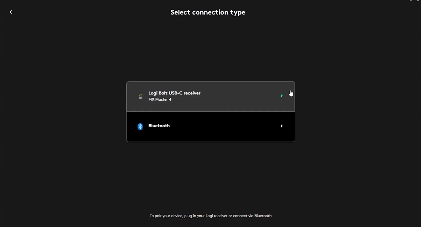 The Select connection type window in Logi Options plus, listing a Logi Bolt USB-C receiver and a Bluetooth option