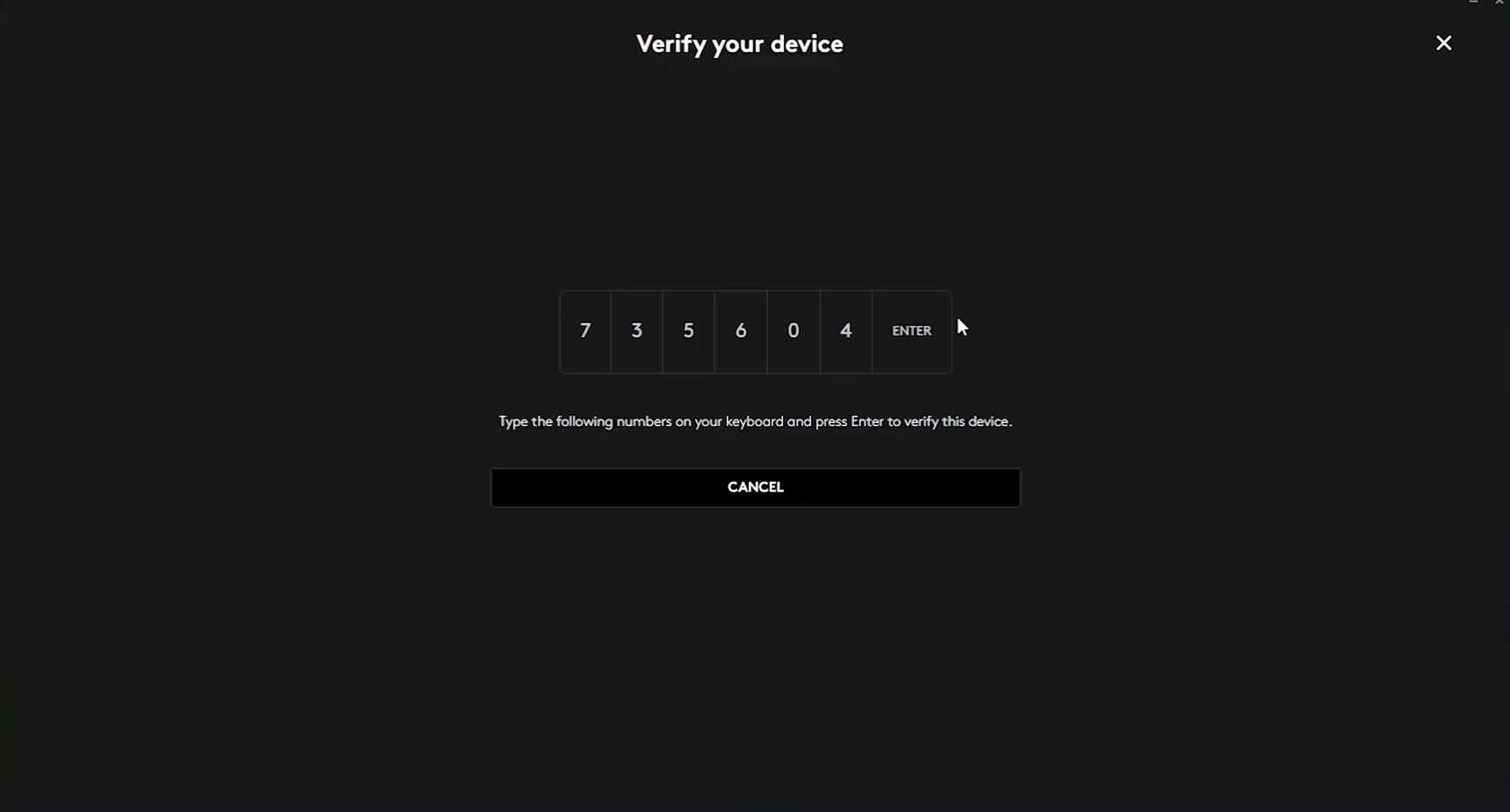 The Verify your device window in Logi Options plus showing six digits to type on the keyboard followed by Enter