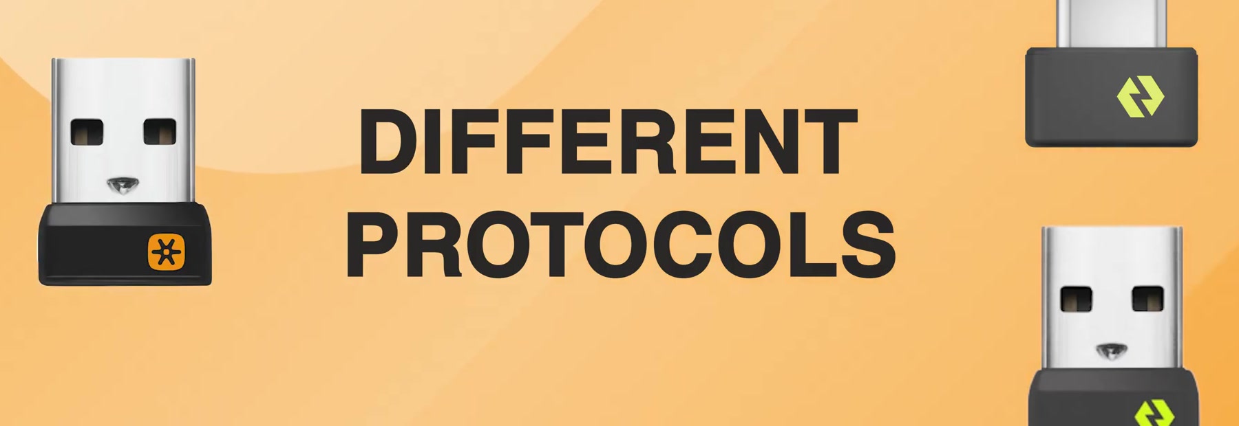 Two Logitech USB receivers side by side, a Unifying receiver with an orange star logo and Logi Bolt receivers with the Bolt logo, under the words DIFFERENT PROTOCOLS