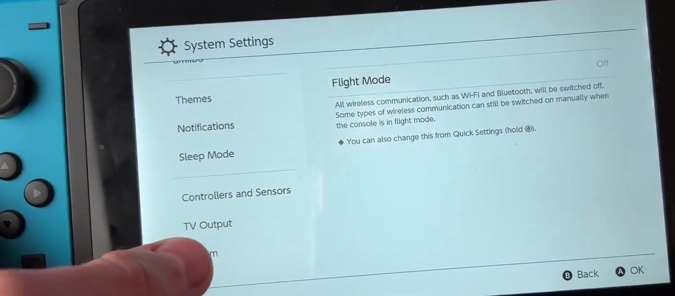 Nintendo Switch System Settings with Controllers and Sensors listed in the left-hand column